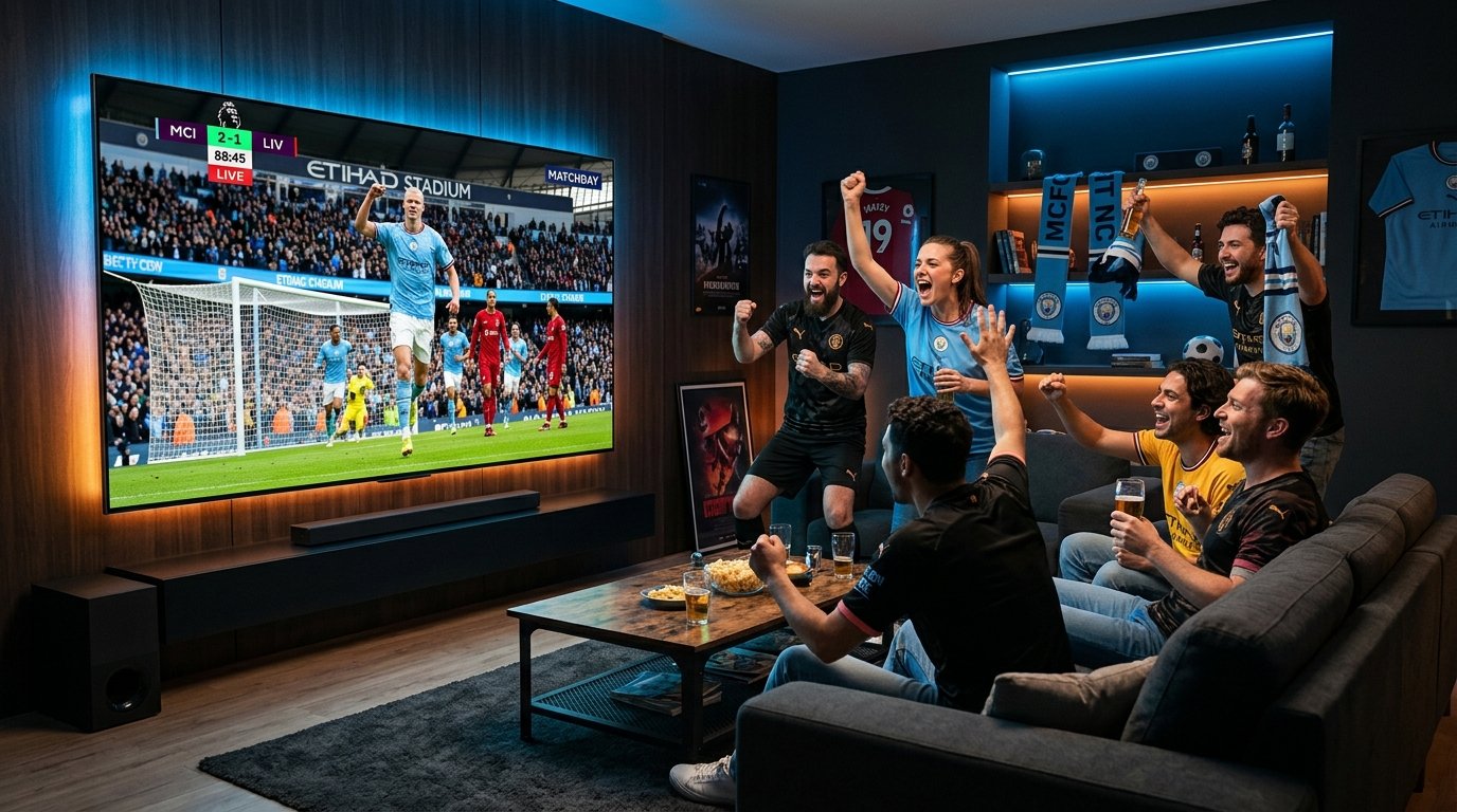 Amigos assistindo jogo de futebol no IPTV